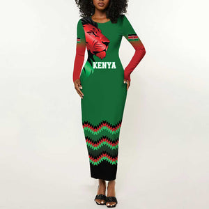 Custom Cricket Africa Kenya Long Sleeve Bodycon Dress Green Lion Head with Kenyan Pattern - African Pride