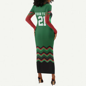Custom Cricket Africa Kenya Long Sleeve Bodycon Dress Green Lion Head with Kenyan Pattern - African Pride