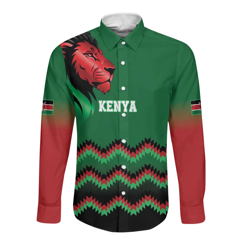 Custom Cricket Africa Kenya Long Sleeve Button Shirt Green Lion Head with Kenyan Pattern - African Pride