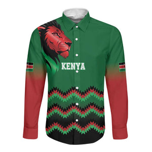Custom Cricket Africa Kenya Long Sleeve Button Shirt Green Lion Head with Kenyan Pattern - African Pride
