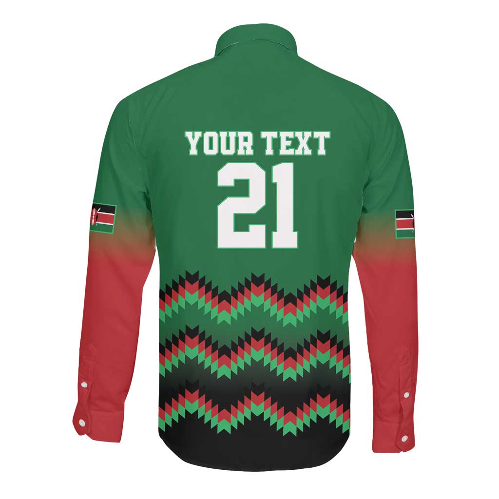 Custom Cricket Africa Kenya Long Sleeve Button Shirt Green Lion Head with Kenyan Pattern - African Pride