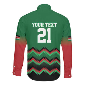 Custom Cricket Africa Kenya Long Sleeve Button Shirt Green Lion Head with Kenyan Pattern - African Pride