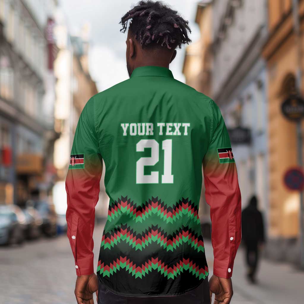 Custom Cricket Africa Kenya Long Sleeve Button Shirt Green Lion Head with Kenyan Pattern - African Pride