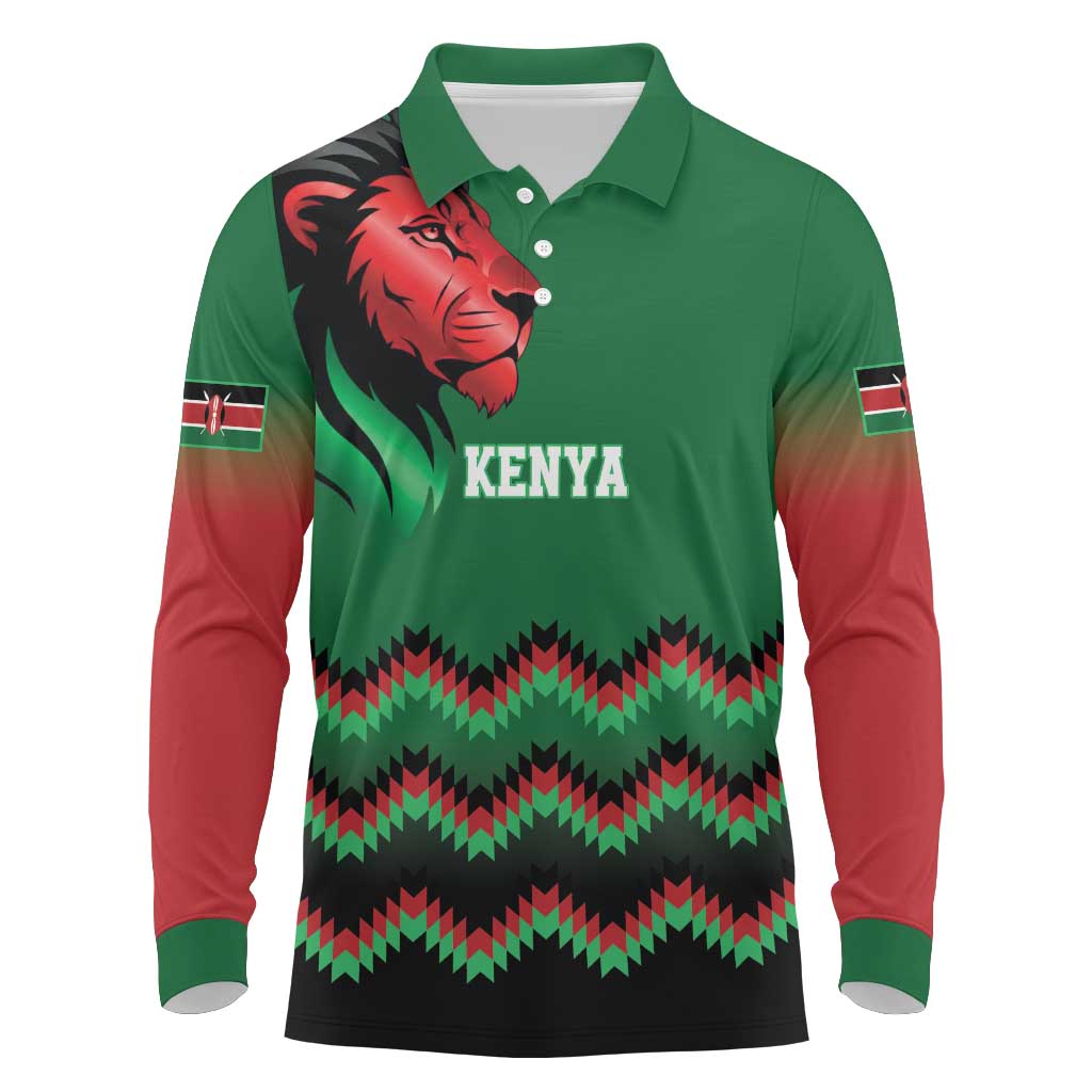 Custom Cricket Africa Kenya Long Sleeve Polo Shirt Green Lion Head with Kenyan Pattern - African Pride
