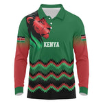 Custom Cricket Africa Kenya Long Sleeve Polo Shirt Green Lion Head with Kenyan Pattern - African Pride