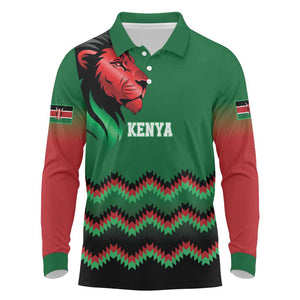 Custom Cricket Africa Kenya Long Sleeve Polo Shirt Green Lion Head with Kenyan Pattern - African Pride