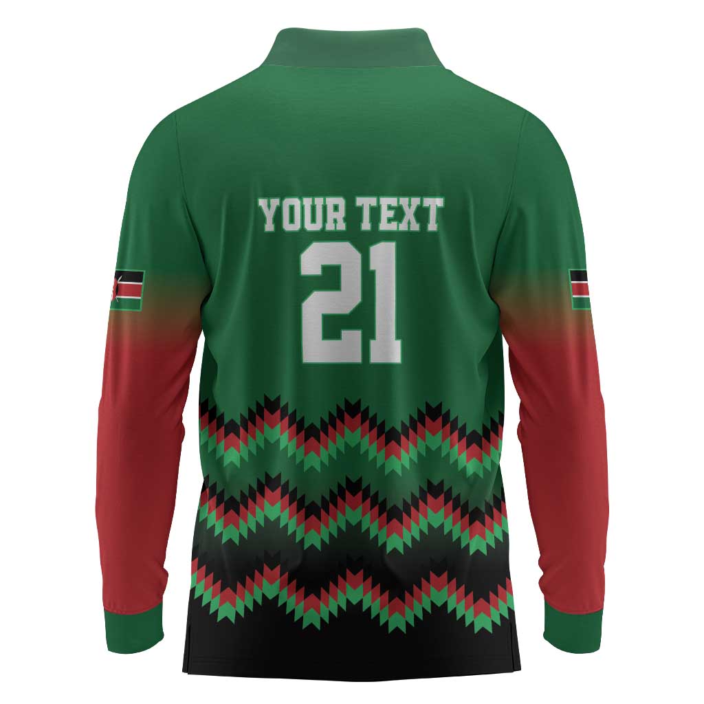 Custom Cricket Africa Kenya Long Sleeve Polo Shirt Green Lion Head with Kenyan Pattern - African Pride