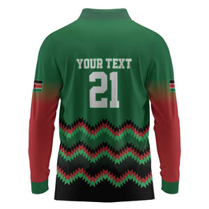Custom Cricket Africa Kenya Long Sleeve Polo Shirt Green Lion Head with Kenyan Pattern - African Pride