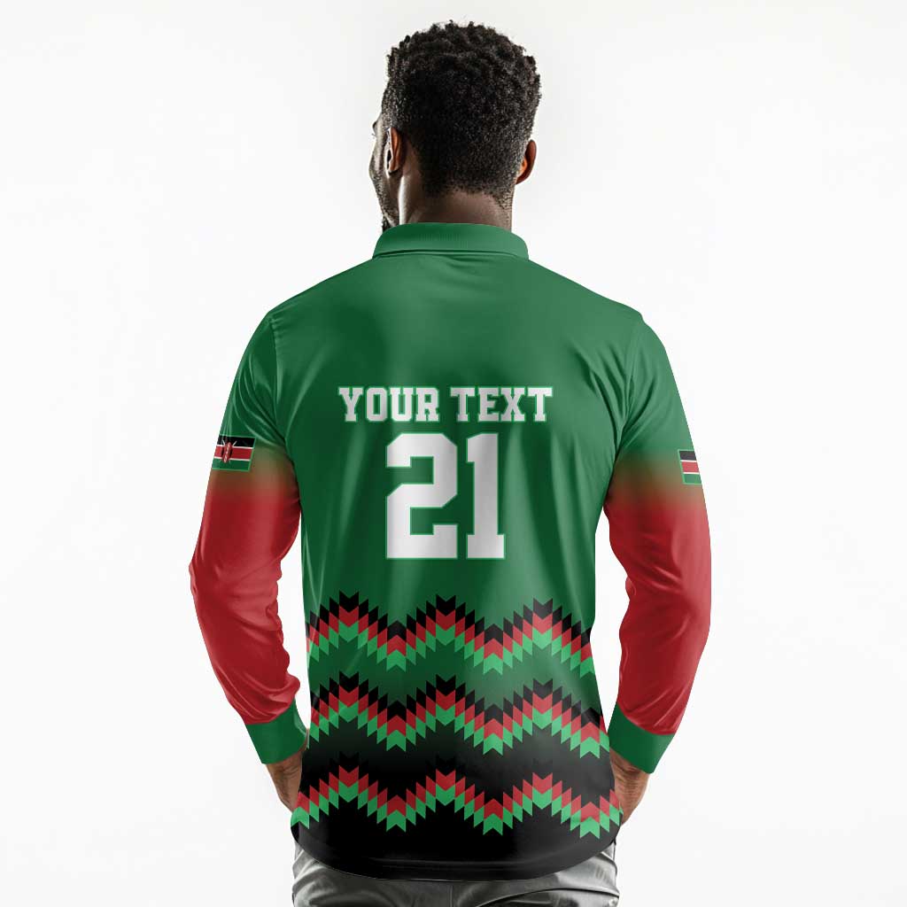 Custom Cricket Africa Kenya Long Sleeve Polo Shirt Green Lion Head with Kenyan Pattern - African Pride