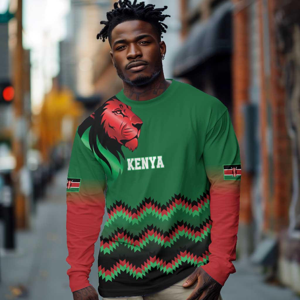 Custom Cricket Africa Kenya Long Sleeve Shirt Green Lion Head with Kenyan Pattern - African Pride