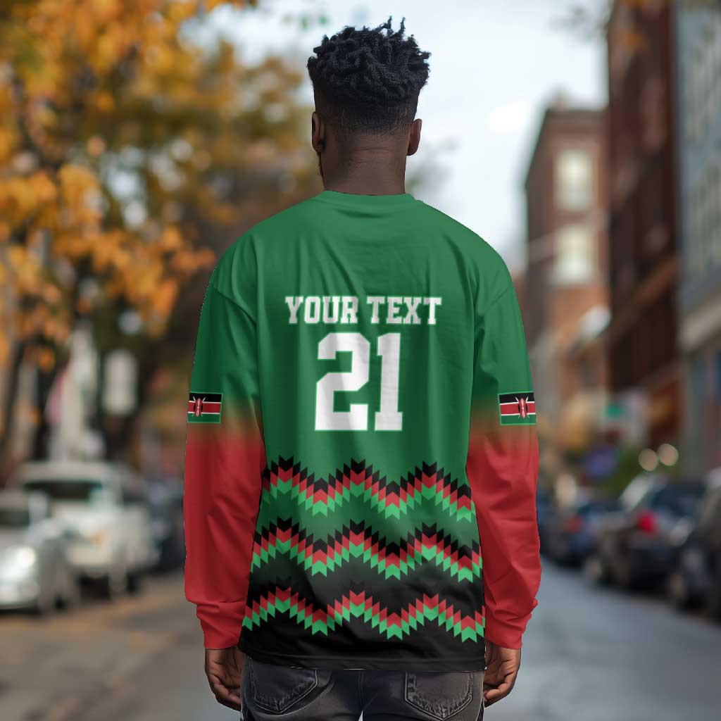 Custom Cricket Africa Kenya Long Sleeve Shirt Green Lion Head with Kenyan Pattern - African Pride