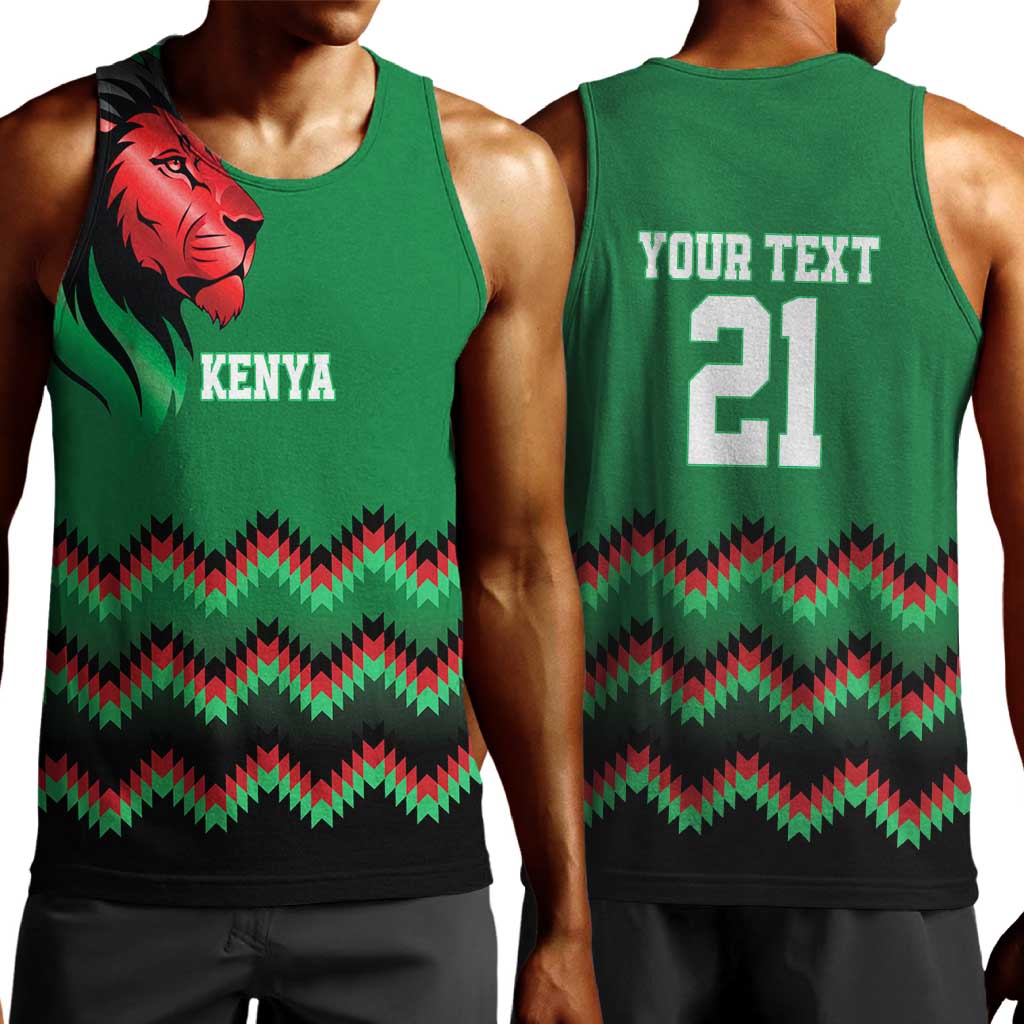 Custom Cricket Africa Kenya Men Tank Top Green Lion Head with Kenyan Pattern - African Pride
