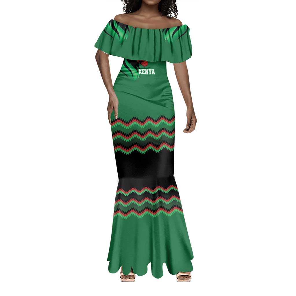 Custom Cricket Africa Kenya Mermaid Dress Green Lion Head with Kenyan Pattern - African Pride