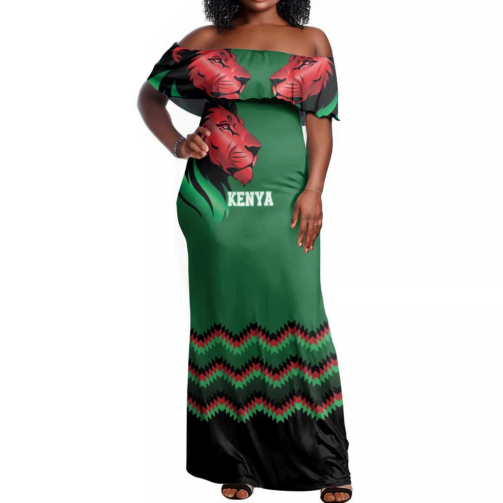 Custom Cricket Africa Kenya Off Shoulder Maxi Dress Green Lion Head with Kenyan Pattern - African Pride