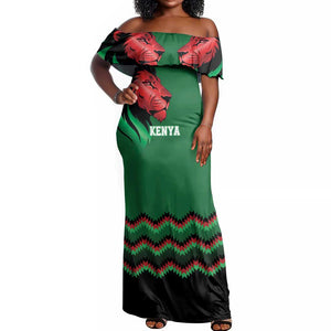Custom Cricket Africa Kenya Off Shoulder Maxi Dress Green Lion Head with Kenyan Pattern - African Pride