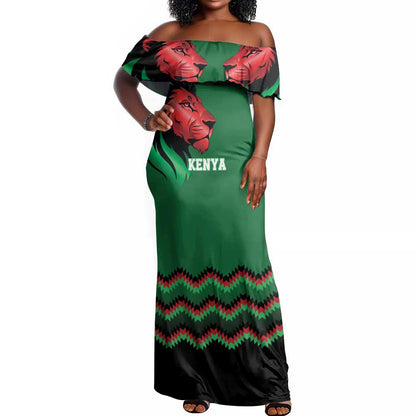 Custom Cricket Africa Kenya Off Shoulder Maxi Dress Green Lion Head with Kenyan Pattern - African Pride