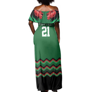 Custom Cricket Africa Kenya Off Shoulder Maxi Dress Green Lion Head with Kenyan Pattern - African Pride
