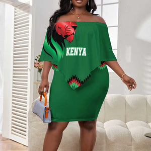 Custom Cricket Africa Kenya Off Shoulder Short Dress Green Lion Head with Kenyan Pattern - African Pride