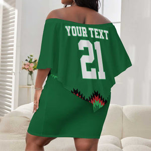 Custom Cricket Africa Kenya Off Shoulder Short Dress Green Lion Head with Kenyan Pattern - African Pride