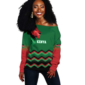 Custom Cricket Africa Kenya Off Shoulder Sweater Green Lion Head with Kenyan Pattern - African Pride