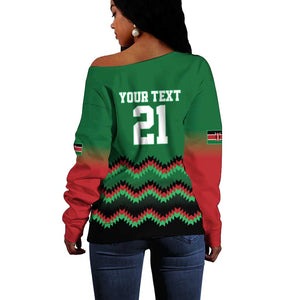 Custom Cricket Africa Kenya Off Shoulder Sweater Green Lion Head with Kenyan Pattern - African Pride