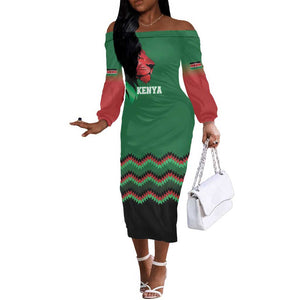 Custom Cricket Africa Kenya Off The Shoulder Long Sleeve Dress Green Lion Head with Kenyan Pattern - African Pride