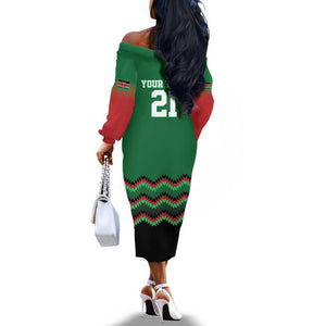 Custom Cricket Africa Kenya Off The Shoulder Long Sleeve Dress Green Lion Head with Kenyan Pattern - African Pride