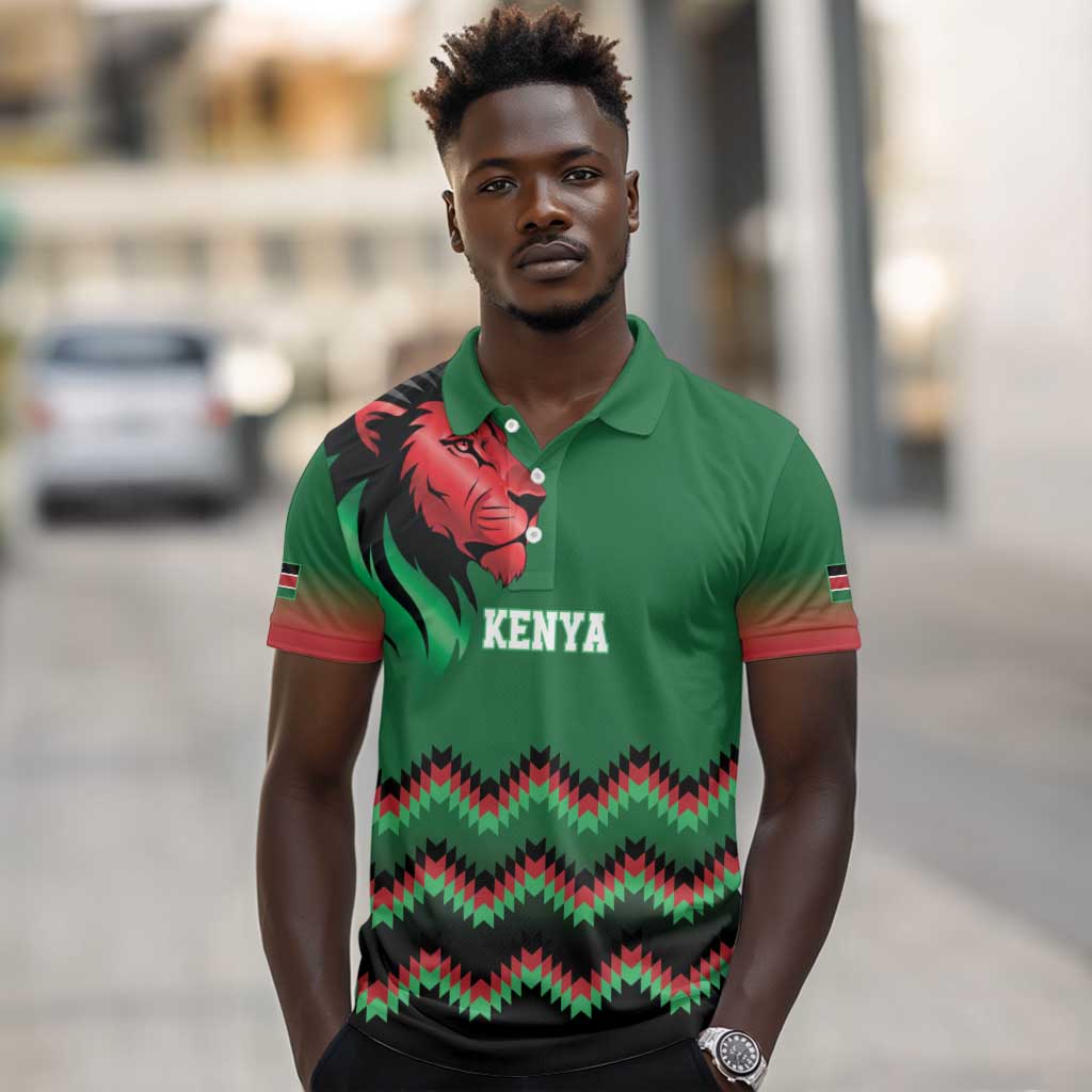 Custom Cricket Africa Kenya Polo Shirt Green Lion Head with Kenyan Pattern - African Pride