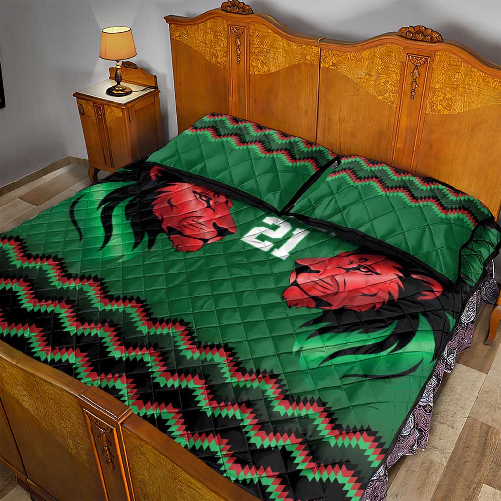 Custom Cricket Africa Kenya Quilt Bed Set Green Lion Head with Kenyan Pattern - African Pride