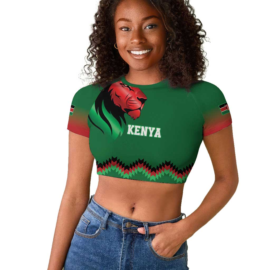Custom Cricket Africa Kenya Raglan Cropped T shirt Green Lion Head with Kenyan Pattern - African Pride
