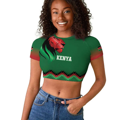 Custom Cricket Africa Kenya Raglan Cropped T shirt Green Lion Head with Kenyan Pattern - African Pride
