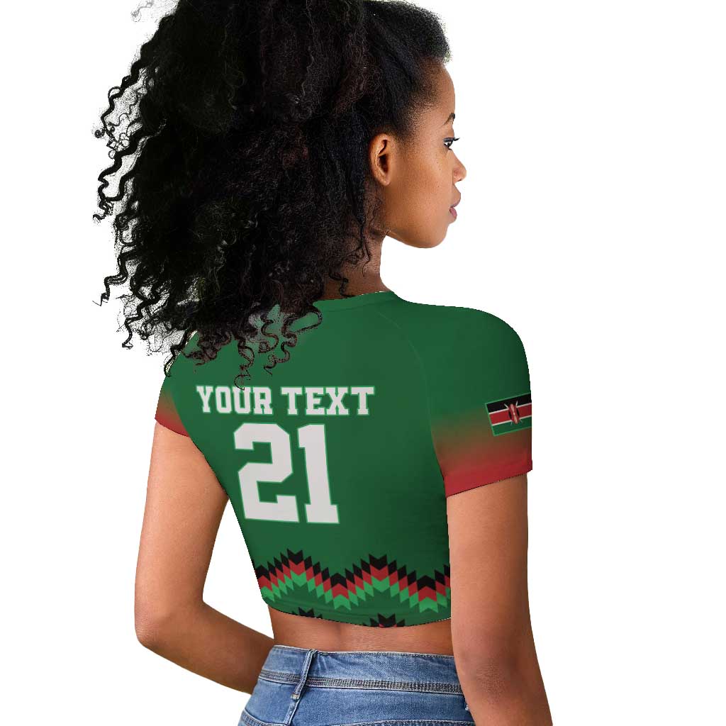 Custom Cricket Africa Kenya Raglan Cropped T shirt Green Lion Head with Kenyan Pattern - African Pride