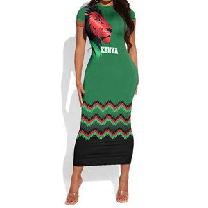 Custom Cricket Africa Kenya Short Sleeve Bodycon Dress Green Lion Head with Kenyan Pattern - African Pride