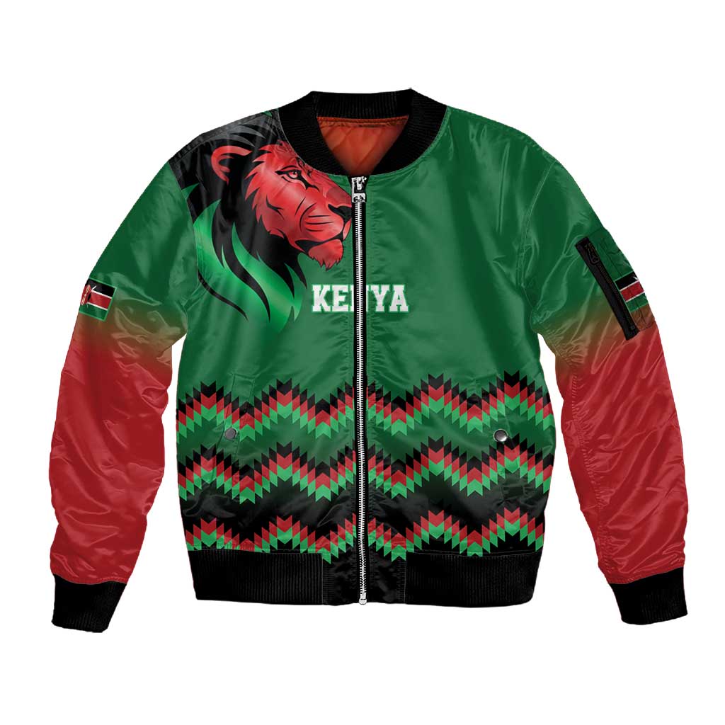 Custom Cricket Africa Kenya Sleeve Zip Bomber Jacket Green Lion Head with Kenyan Pattern - African Pride