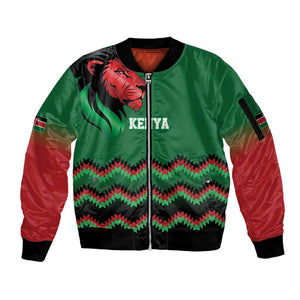 Custom Cricket Africa Kenya Sleeve Zip Bomber Jacket Green Lion Head with Kenyan Pattern - African Pride