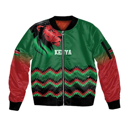 Custom Cricket Africa Kenya Sleeve Zip Bomber Jacket Green Lion Head with Kenyan Pattern - African Pride