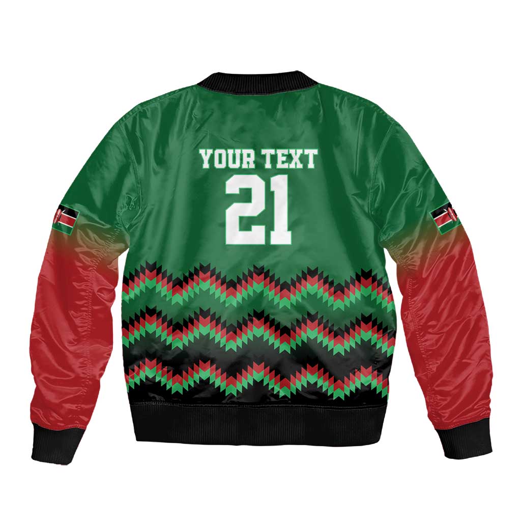 Custom Cricket Africa Kenya Sleeve Zip Bomber Jacket Green Lion Head with Kenyan Pattern - African Pride