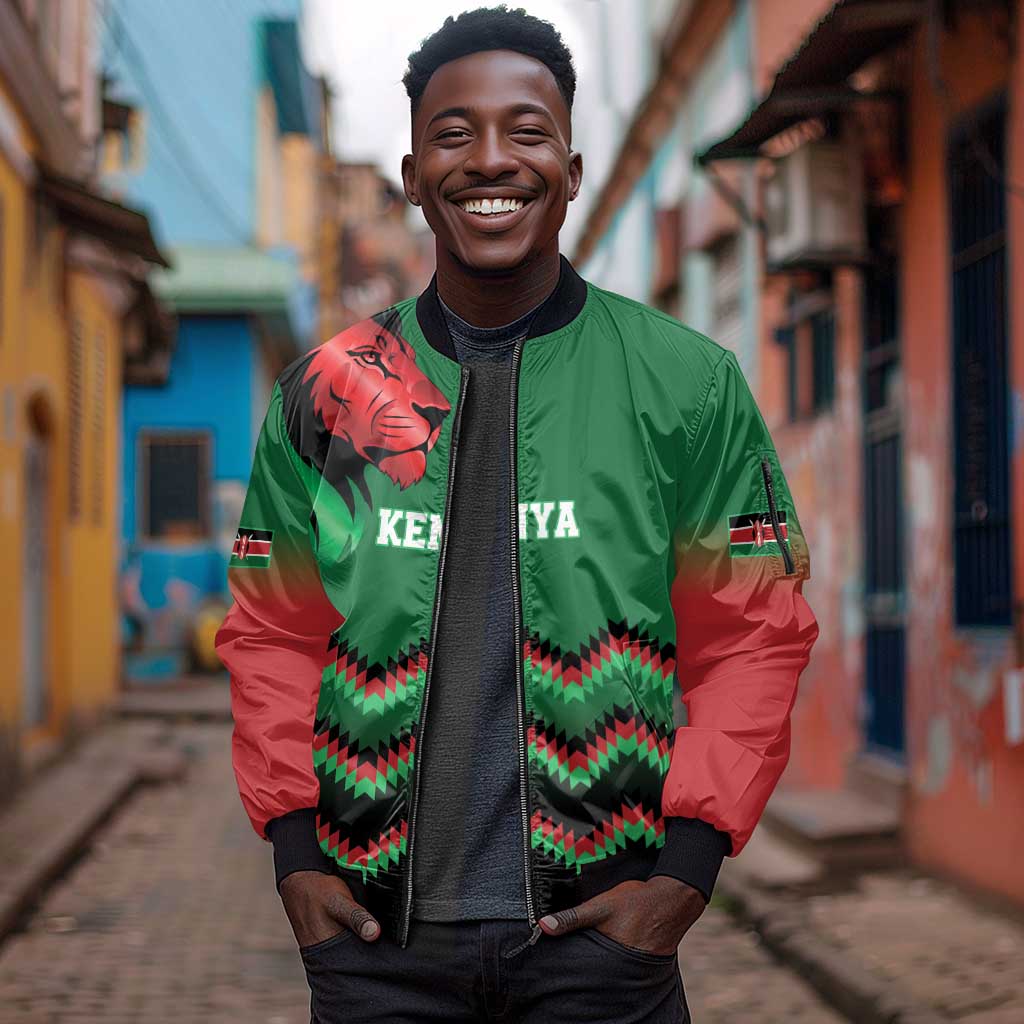 Custom Cricket Africa Kenya Sleeve Zip Bomber Jacket Green Lion Head with Kenyan Pattern - African Pride