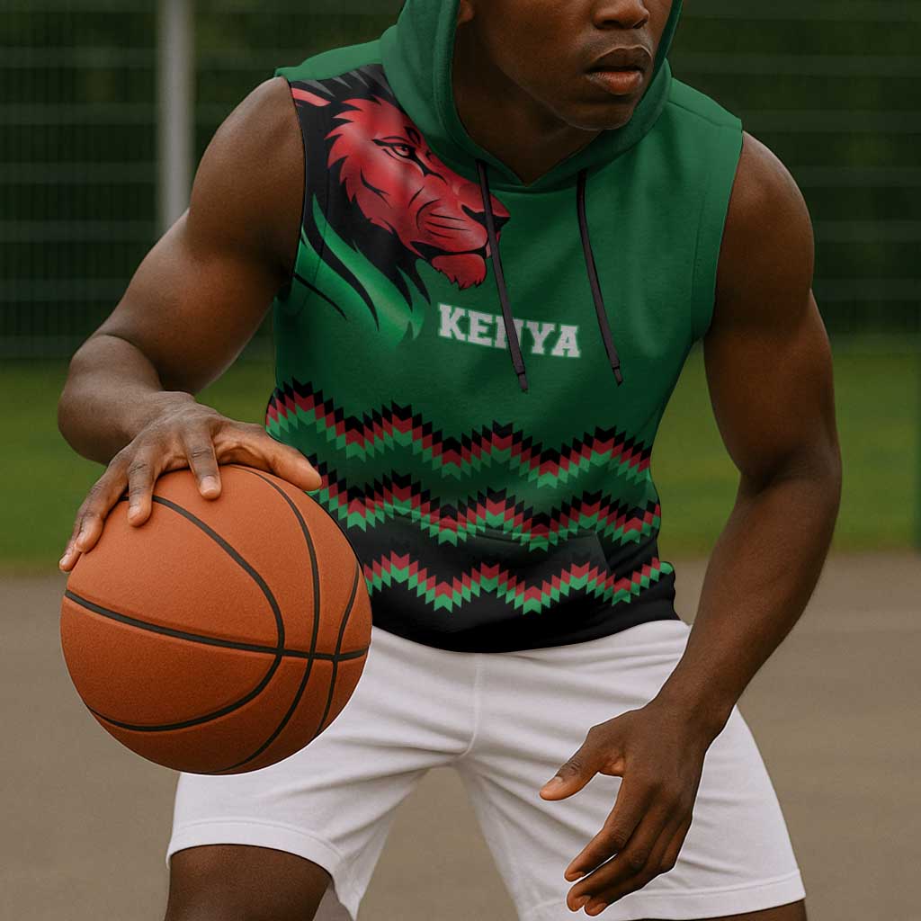 Custom Cricket Africa Kenya Sleeveless Hoodie Green Lion Head with Kenyan Pattern - African Pride
