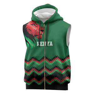Custom Cricket Africa Kenya Sleeveless Zip Hoodie Green Lion Head with Kenyan Pattern - African Pride