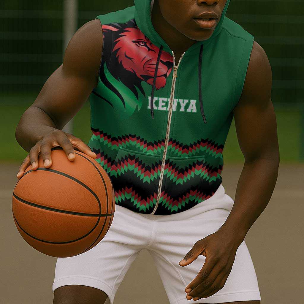 Custom Cricket Africa Kenya Sleeveless Zip Hoodie Green Lion Head with Kenyan Pattern - African Pride