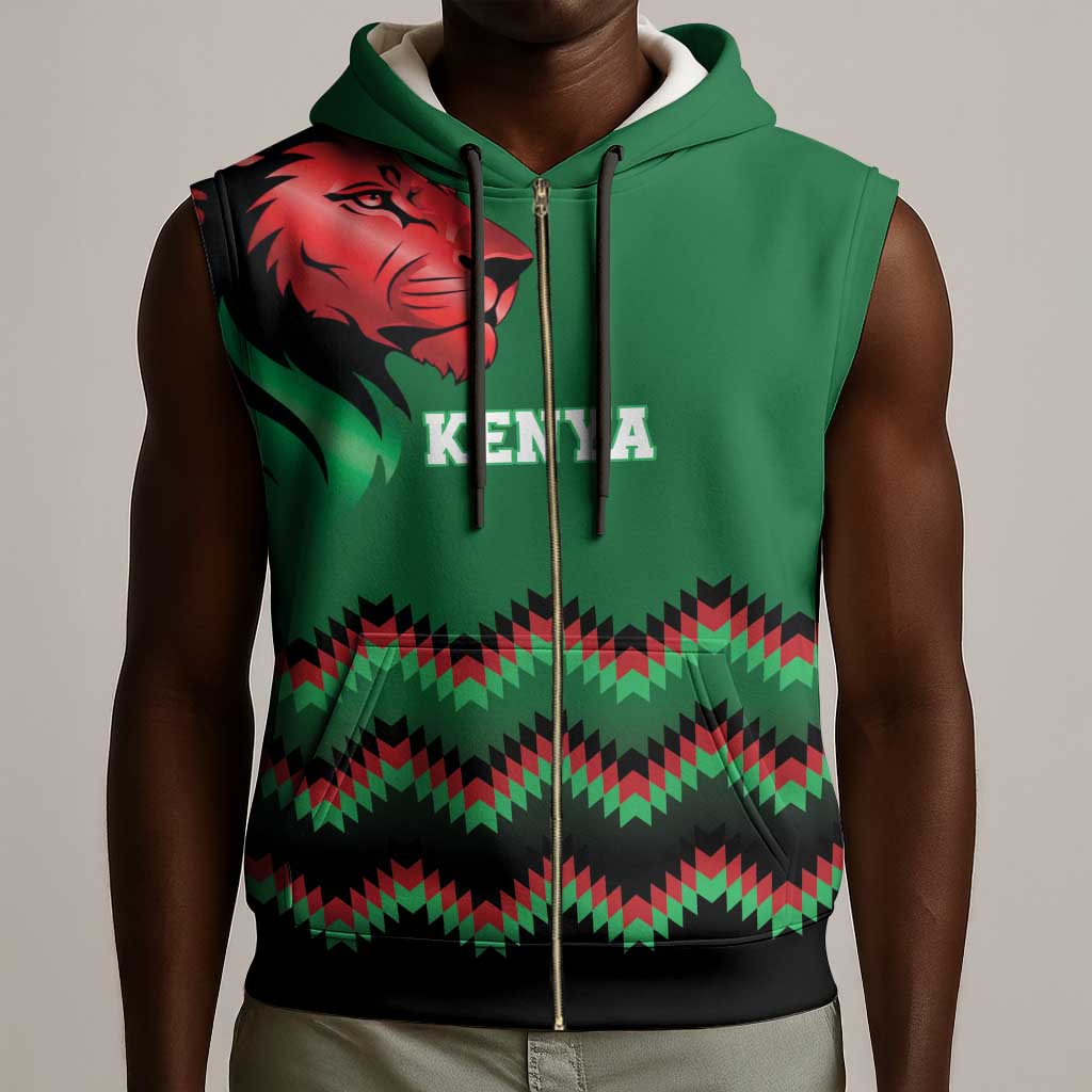 Custom Cricket Africa Kenya Sleeveless Zip Hoodie Green Lion Head with Kenyan Pattern - African Pride