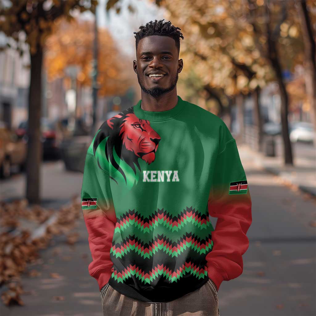 Custom Cricket Africa Kenya Sweatshirt Green Lion Head with Kenyan Pattern - African Pride