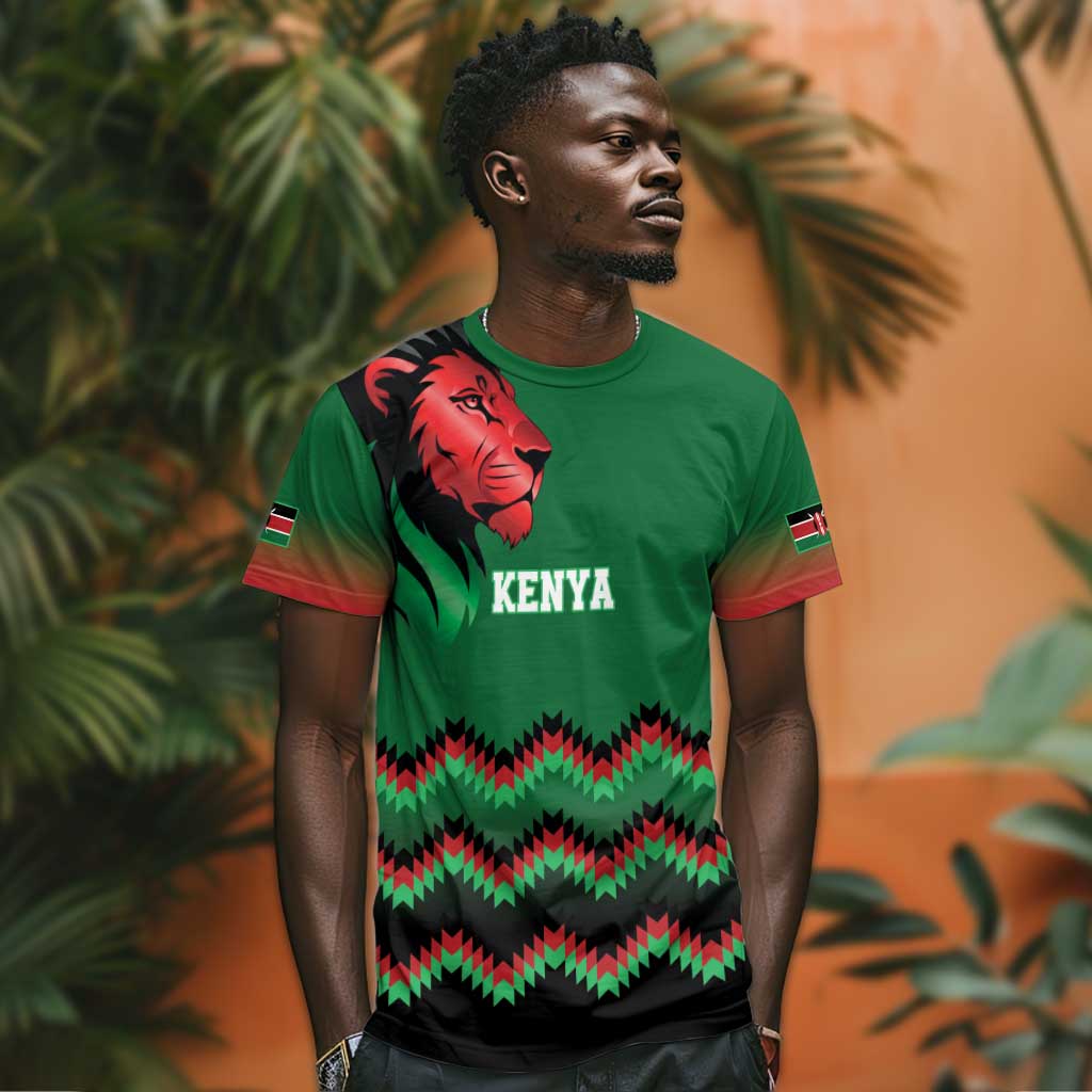 Custom Cricket Africa Kenya T shirt Green Lion Head with Kenyan Pattern - African Pride