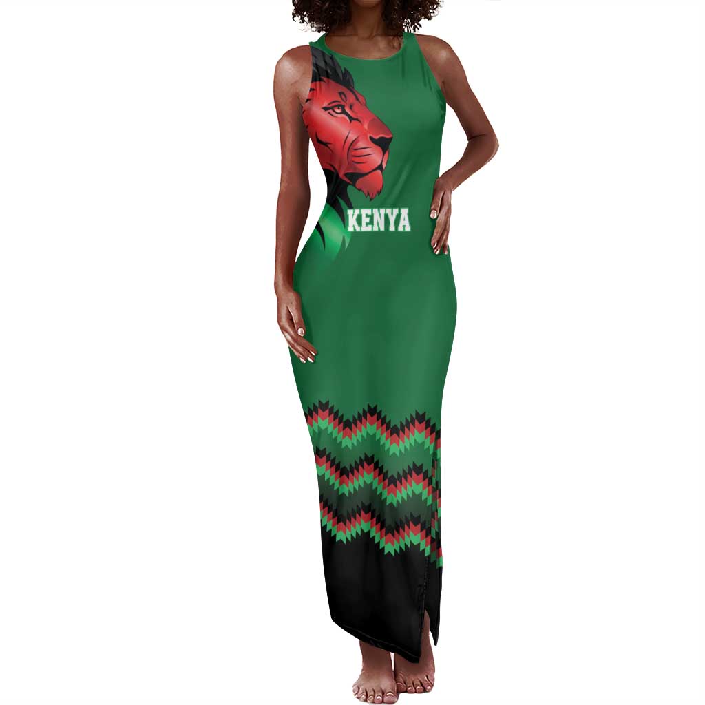 Custom Cricket Africa Kenya Tank Maxi Dress Green Lion Head with Kenyan Pattern - African Pride