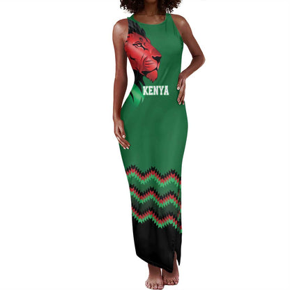 Custom Cricket Africa Kenya Tank Maxi Dress Green Lion Head with Kenyan Pattern - African Pride