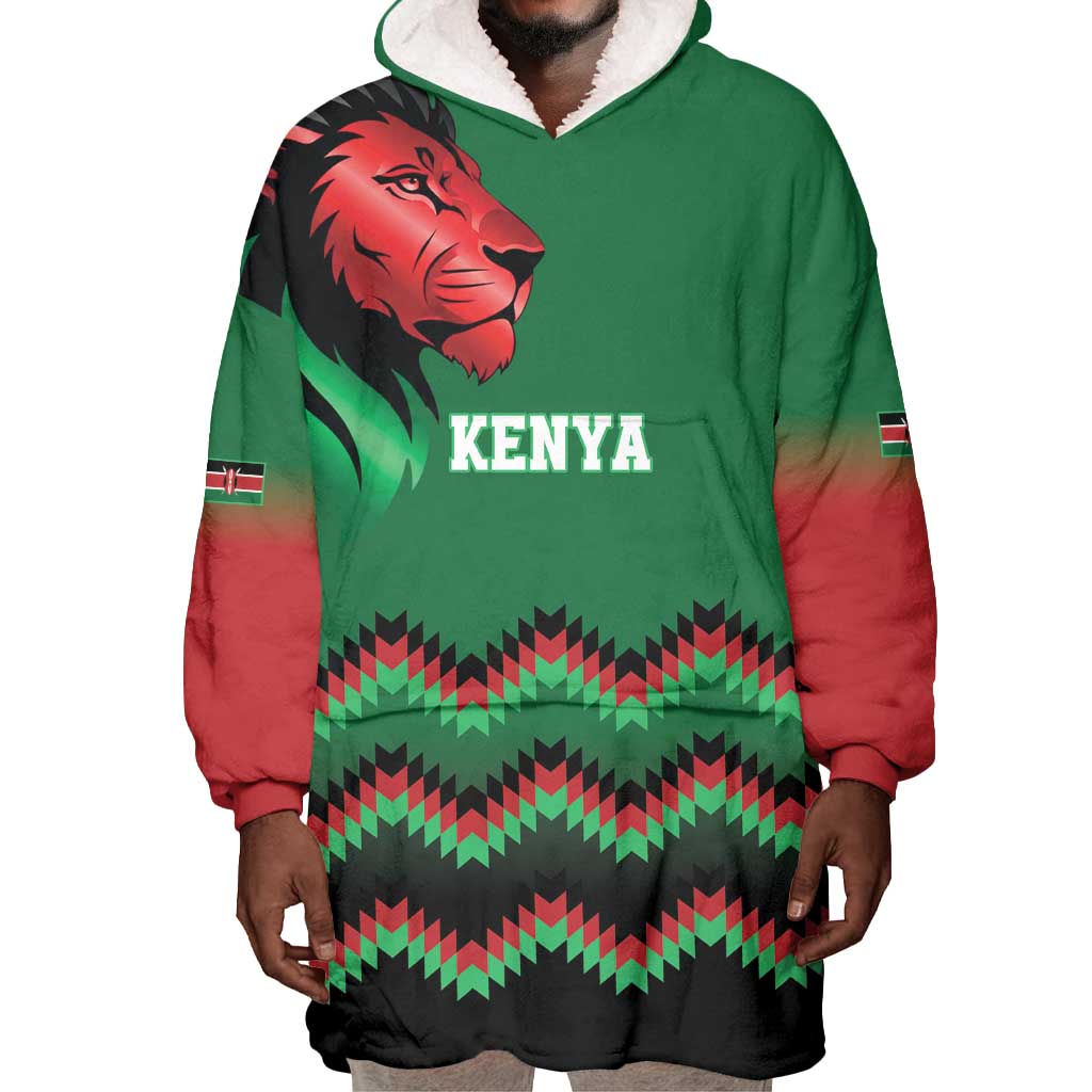 Custom Cricket Africa Kenya Wearable Blanket Hoodie Green Lion Head with Kenyan Pattern - African Pride