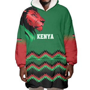 Custom Cricket Africa Kenya Wearable Blanket Hoodie Green Lion Head with Kenyan Pattern - African Pride
