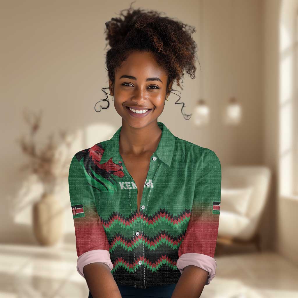 Custom Cricket Africa Kenya Women Casual Shirt Green Lion Head with Kenyan Pattern - African Pride