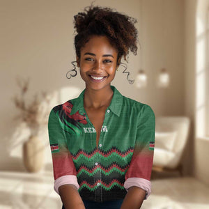 Custom Cricket Africa Kenya Women Casual Shirt Green Lion Head with Kenyan Pattern - African Pride